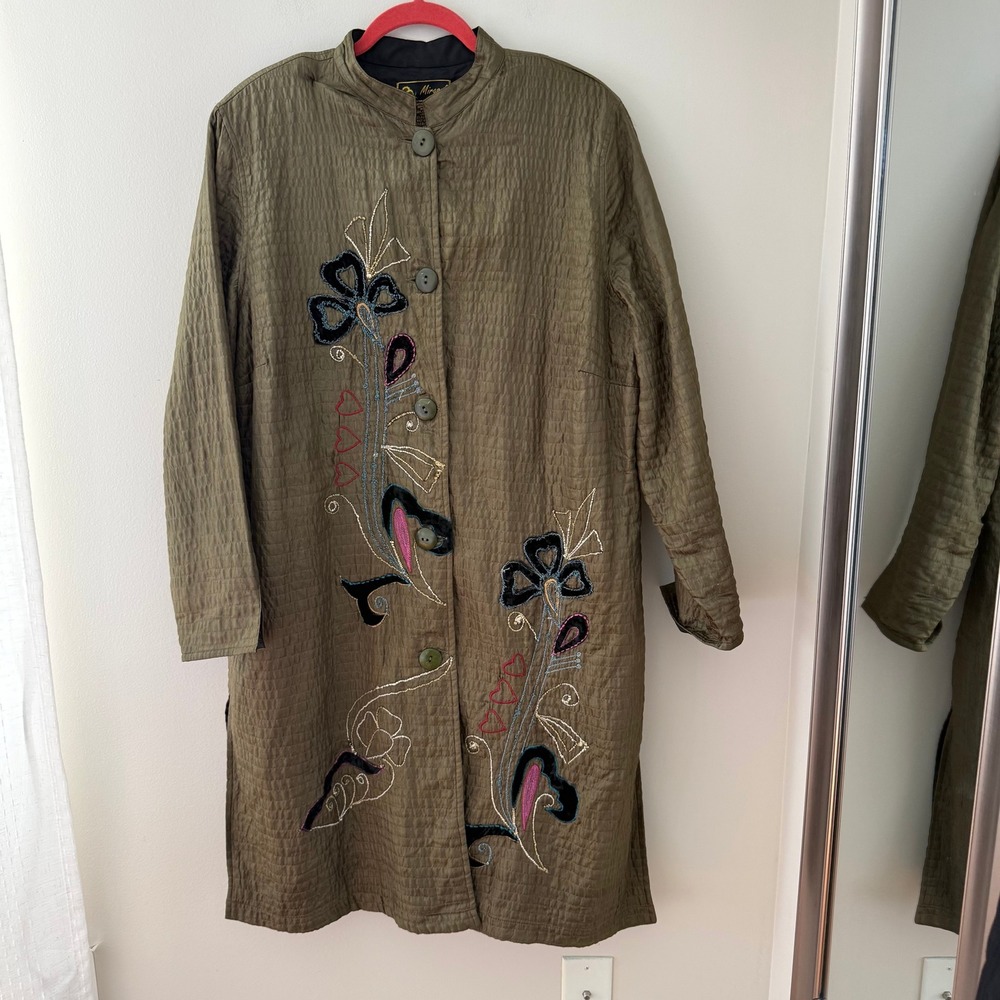 Mirasol Woman Olive Green Silk‎ Embroidered Long Jacket LSKJ0020 Plus Size 1X